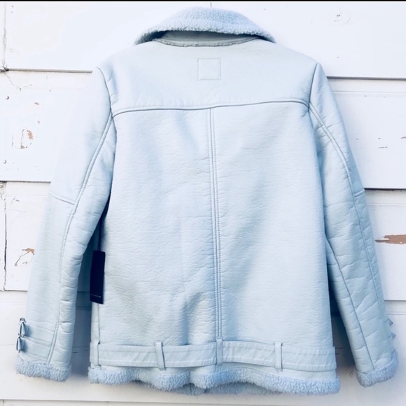 Forever21 Baby Blue Shearling Moto Jacket Size Large - Picture 2 of 8